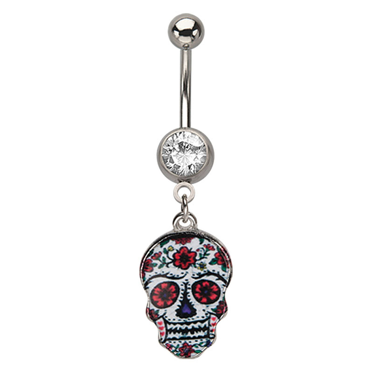 Surgical Steel 14 Gauge Belly Ring with CZ Flower Skull Dangle