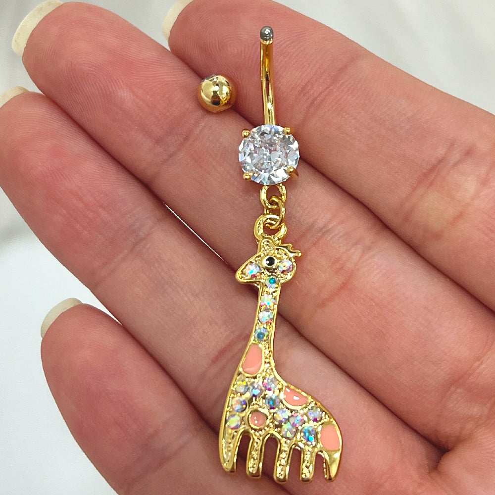 Surgical Steel 14 Gauge PVD Gold Belly Ring with Giraffe Dangle - photo 2