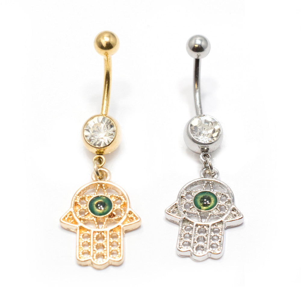 Surgical Steel 14 Gauge Belly Ring with Hamsa Hand Evil Eye CZ