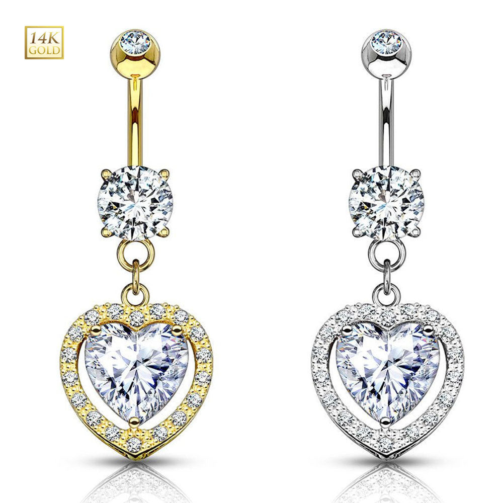 14K Solid Gold 14 Gauge Belly Ring with Dangle Solitaire Heart CZ