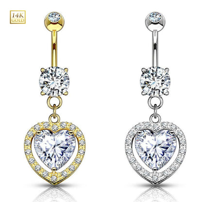 14K Solid Gold 14 Gauge Belly Ring with Dangle Solitaire Heart CZ