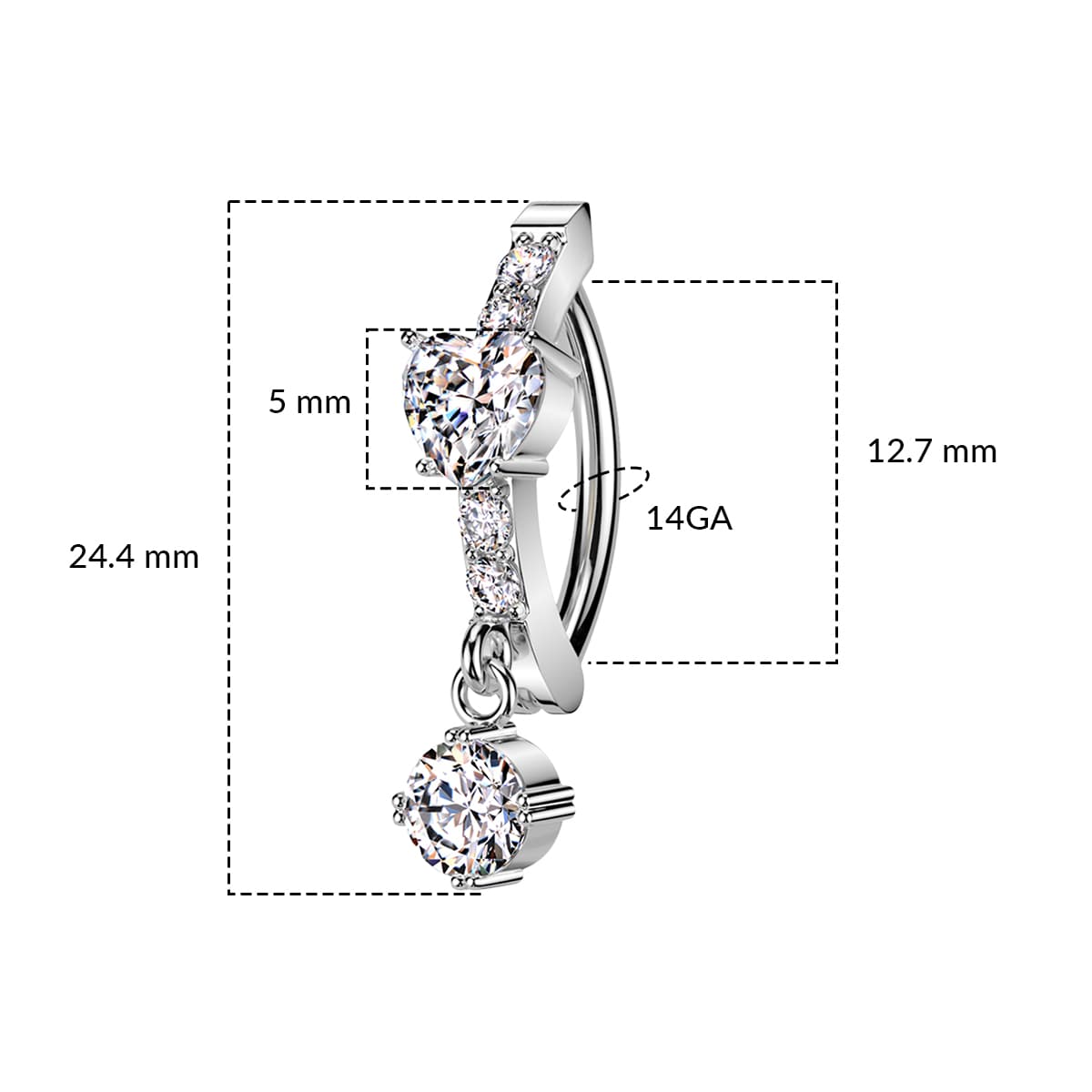 Surgical Steel Hinged Belly Ring 14G 12mm with CNC-Set CZ Heart Dangle - photo 2