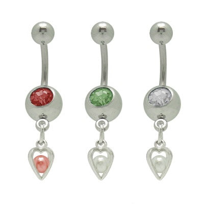 Surgical Steel 14 Gauge Belly Ring with Dangle Heart Jeweled