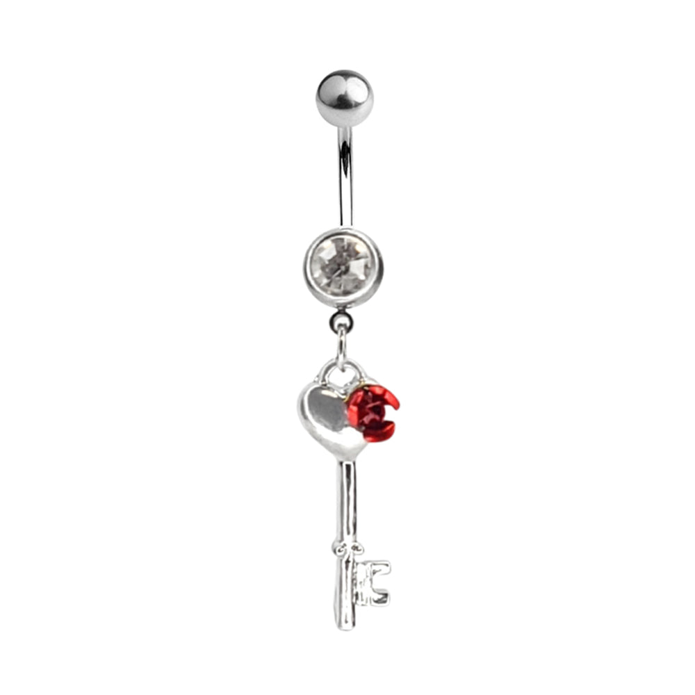Surgical Steel Dangle Belly Ring 14G 10mm with Heart Key CZ