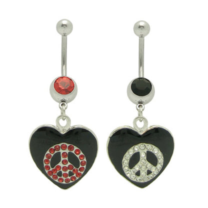 Surgical Steel 14 Gauge Belly Ring with CZ Dangle Heart Peace Sign