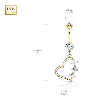14K Solid Gold 14 Gauge Belly Ring with Triple Flower CZ Heart Dangle - photo 2