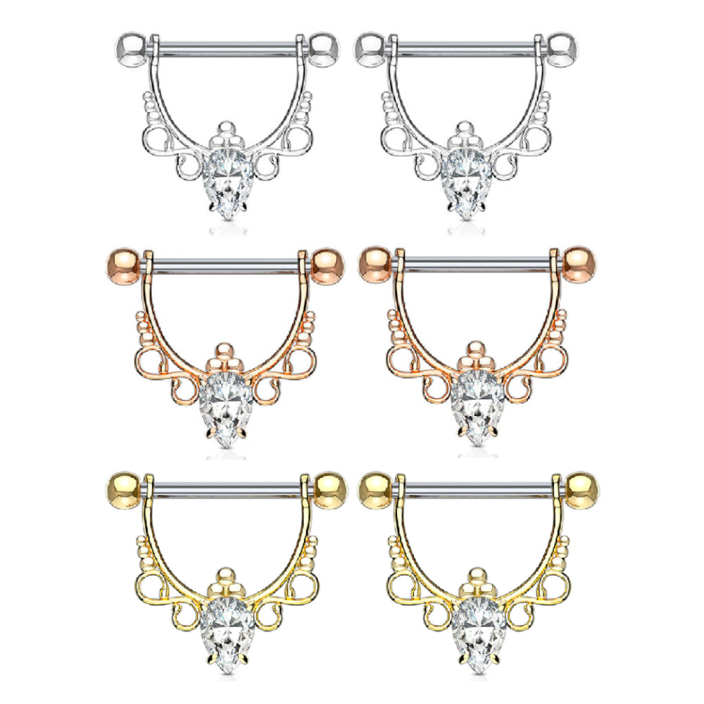Surgical Steel 14 Gauge Nipple Shield Rings with CZ Pear Dangle - Pair