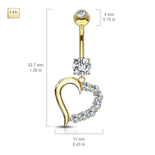 14K Solid Gold 14 Gauge Belly Ring with Dangle Journey Heart CZ - photo 2