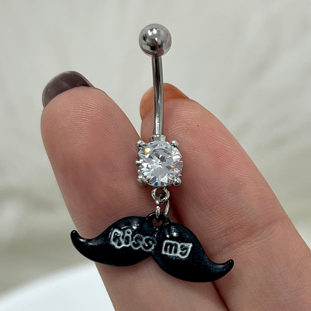 Surgical Steel 14 Gauge Kiss Me Mustache CZ Dangle Belly Ring