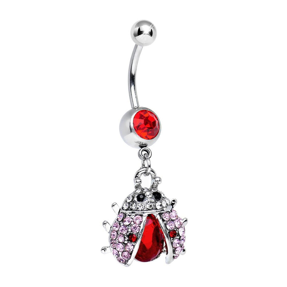 Surgical Steel 14 Gauge Belly Ring with CZ Dangle Love Bug