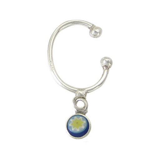 .925 Sterling Silver Millefiori Flower Dangle Clip On Ear Cuff
