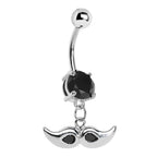 Surgical Steel 14G Belly Button Ring Black Gem CZ Dangling Mustache