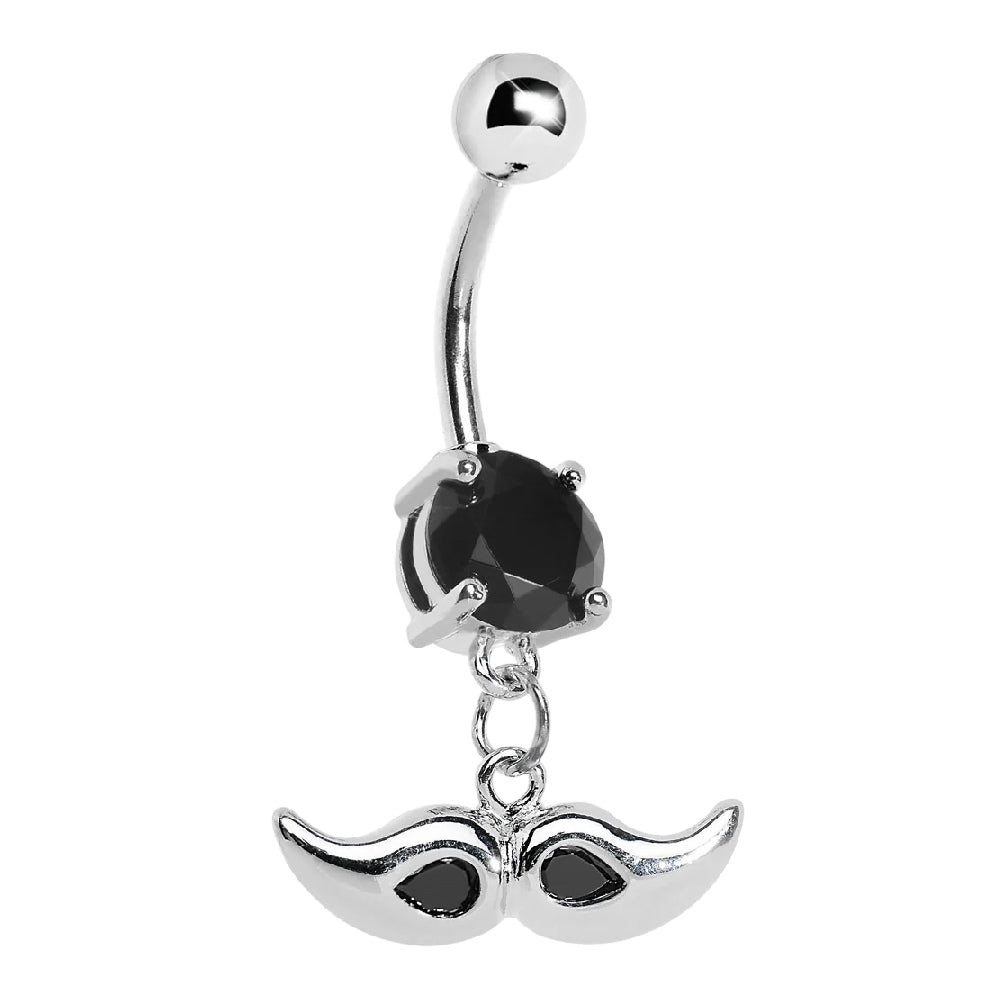 Surgical Steel 14G Belly Button Ring Black Gem CZ Dangling Mustache