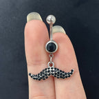 Surgical Steel 14 Gauge Belly Button Ring Black CZ Dangling Mustache - View 2