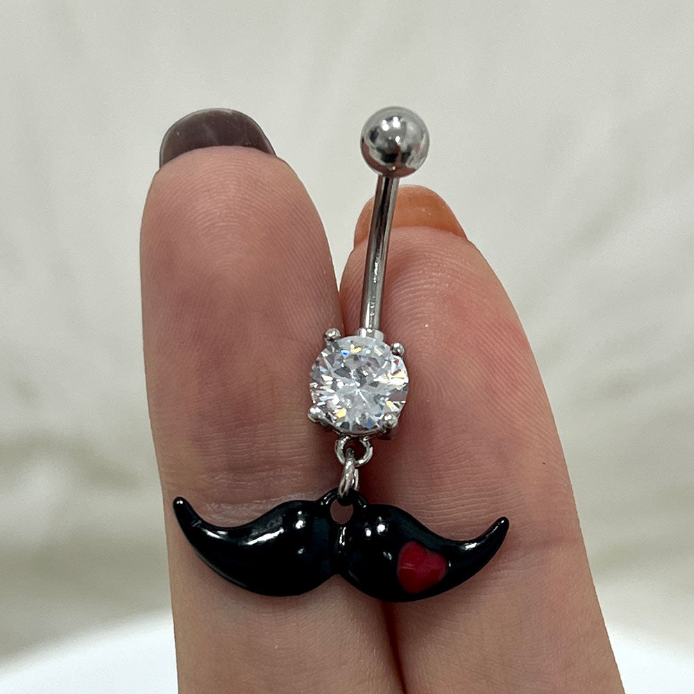 Surgical Steel 14 Gauge Belly Ring with CZ Dangling Mustache - photo 4