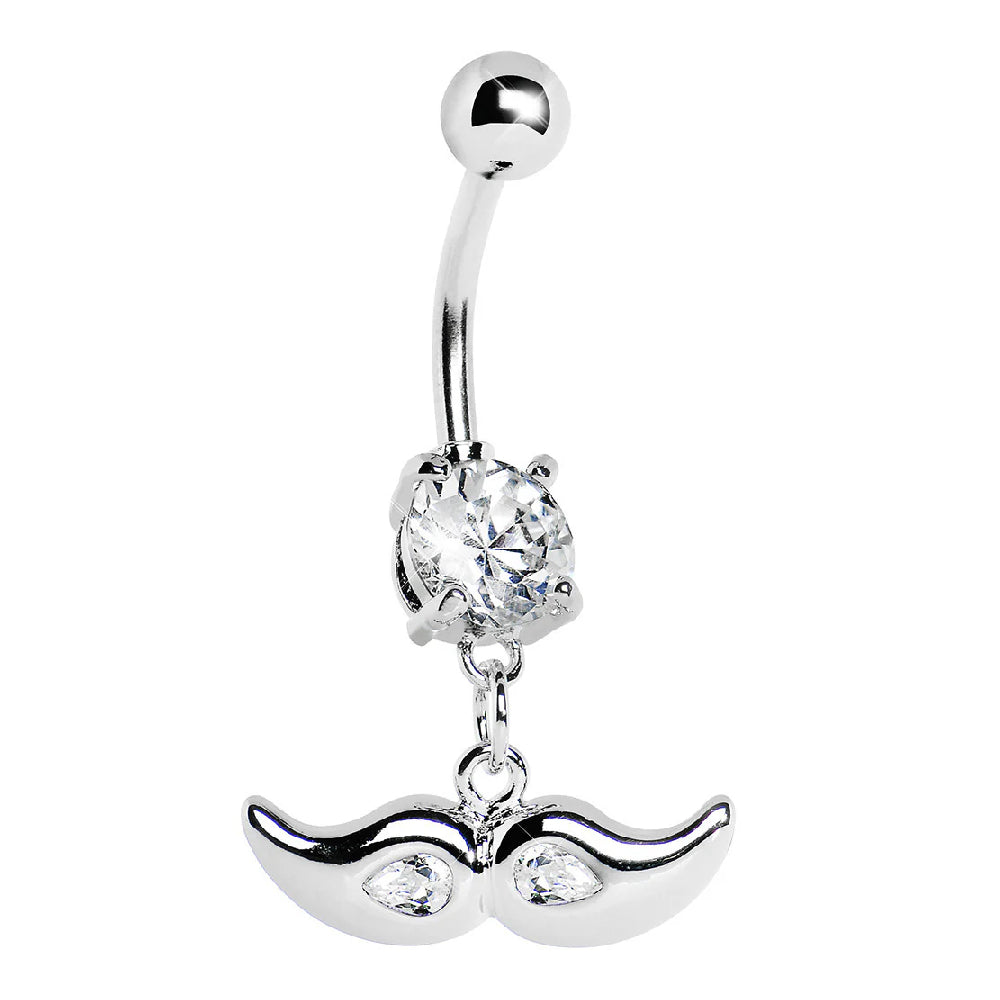 Surgical Steel 14 Gauge Belly Ring with Dangling Mustache CZ