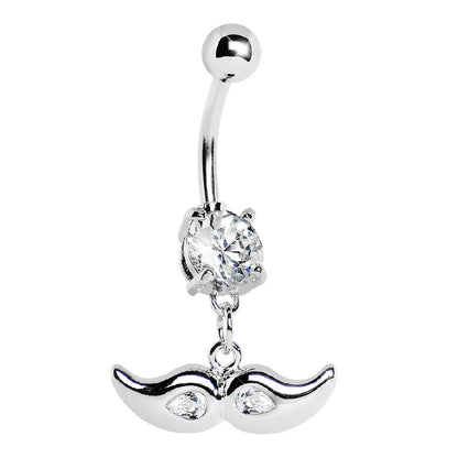 Surgical Steel 14 Gauge Belly Ring with Dangling Mustache CZ