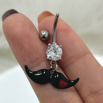 Surgical Steel 14 Gauge Belly Ring with CZ Dangling Mustache - photo 2