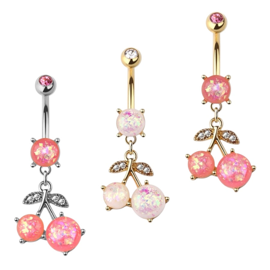 Surgical Steel 14 Gauge Dangle Belly Ring with Cherry Opal