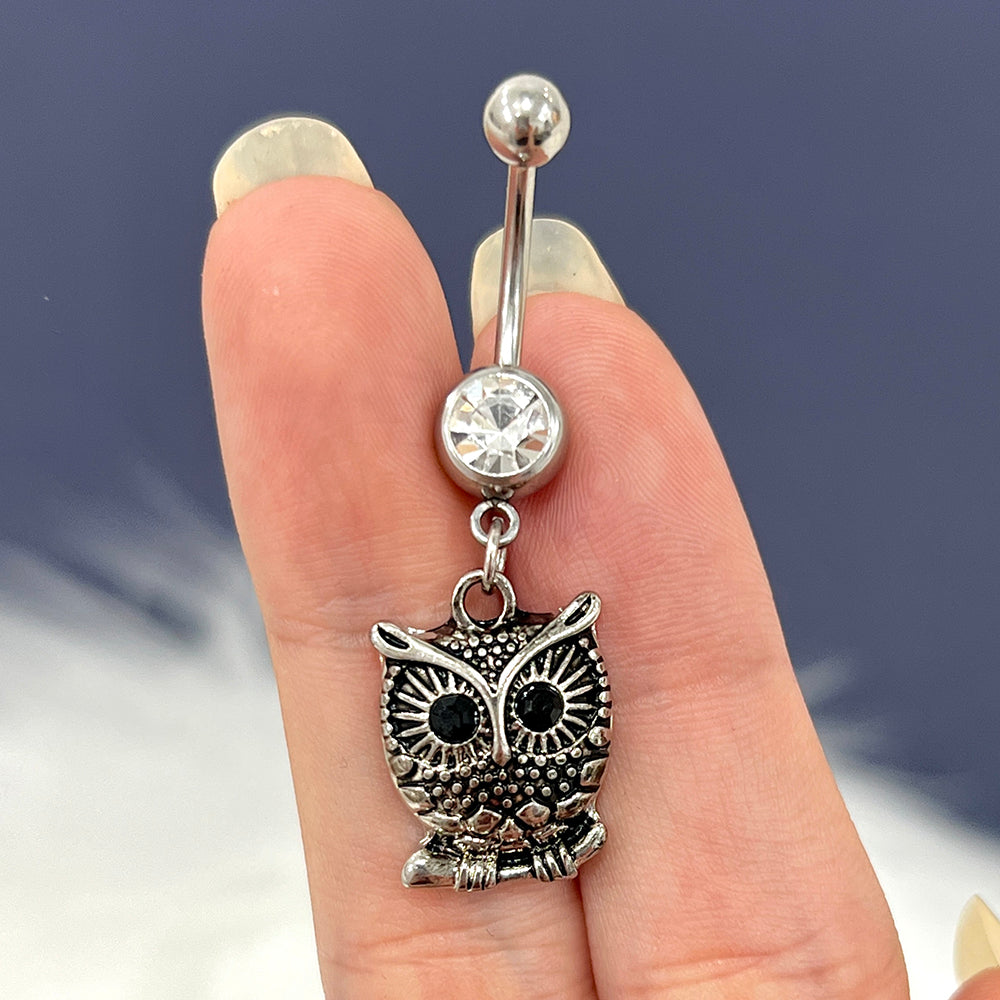 Surgical Steel Belly Ring 14G 11mm with Dangle Owl & Black CZ - photo 5