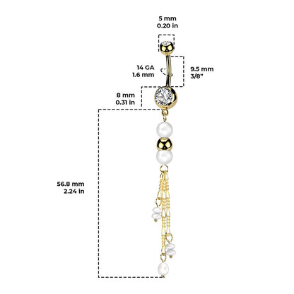 Surgical Steel Belly Ring 14G 10mm with Pearl & CZ Chain Dangle - photo 3