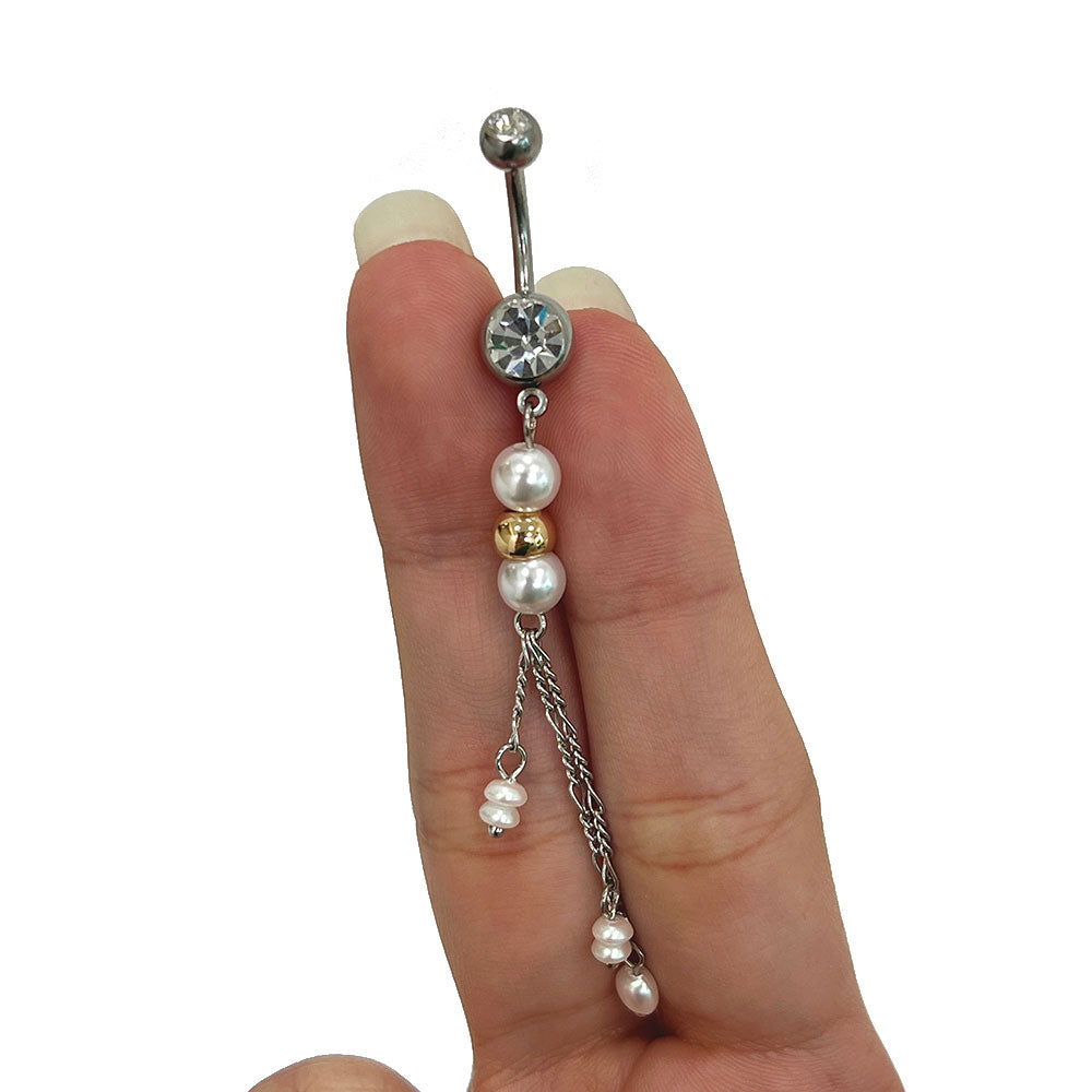 Surgical Steel Belly Ring 14G 10mm with Pearl & CZ Chain Dangle - photo 6