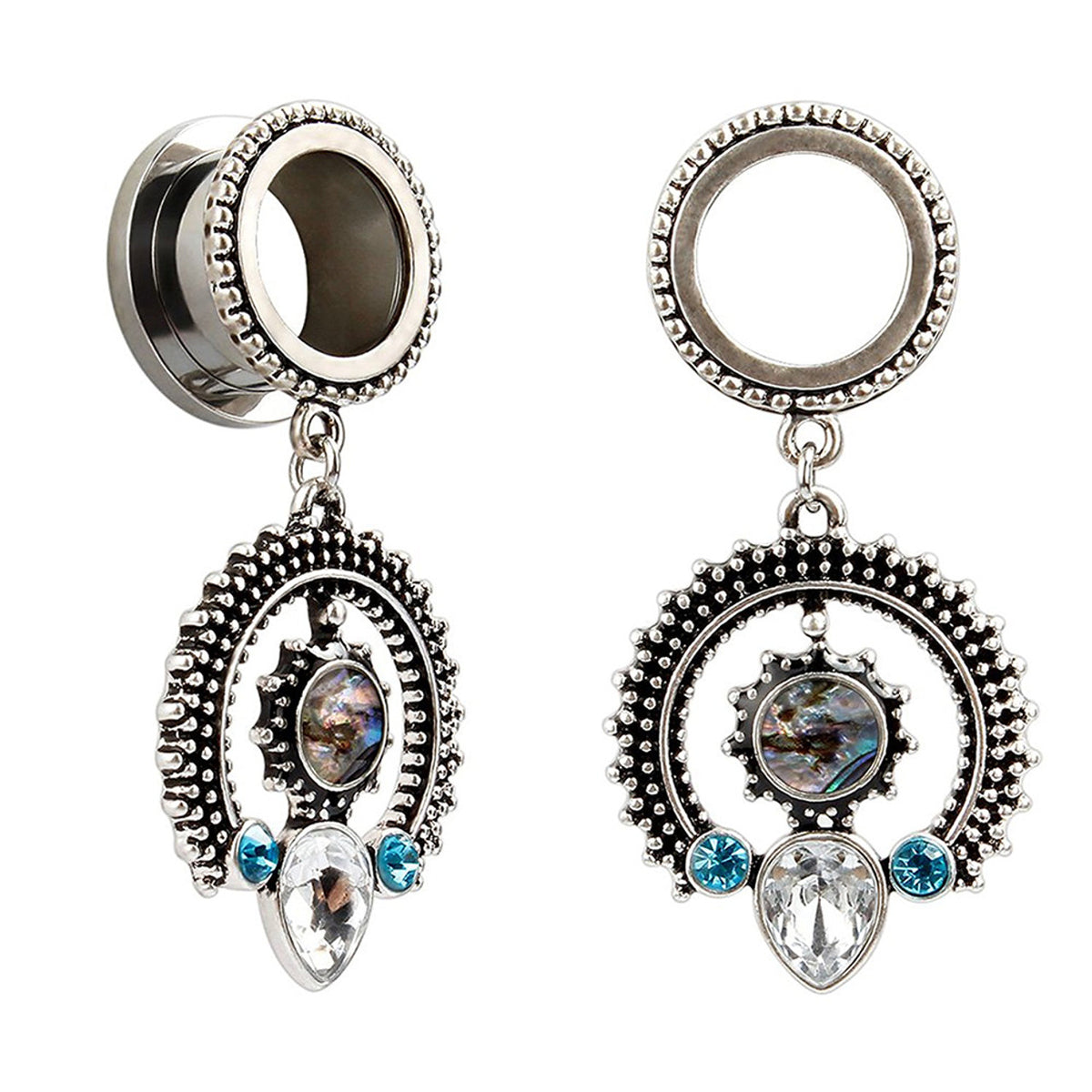 Surgical Steel 0 to 9/16 Inch Screw Fit Tunnel with Dangle Opal CZ