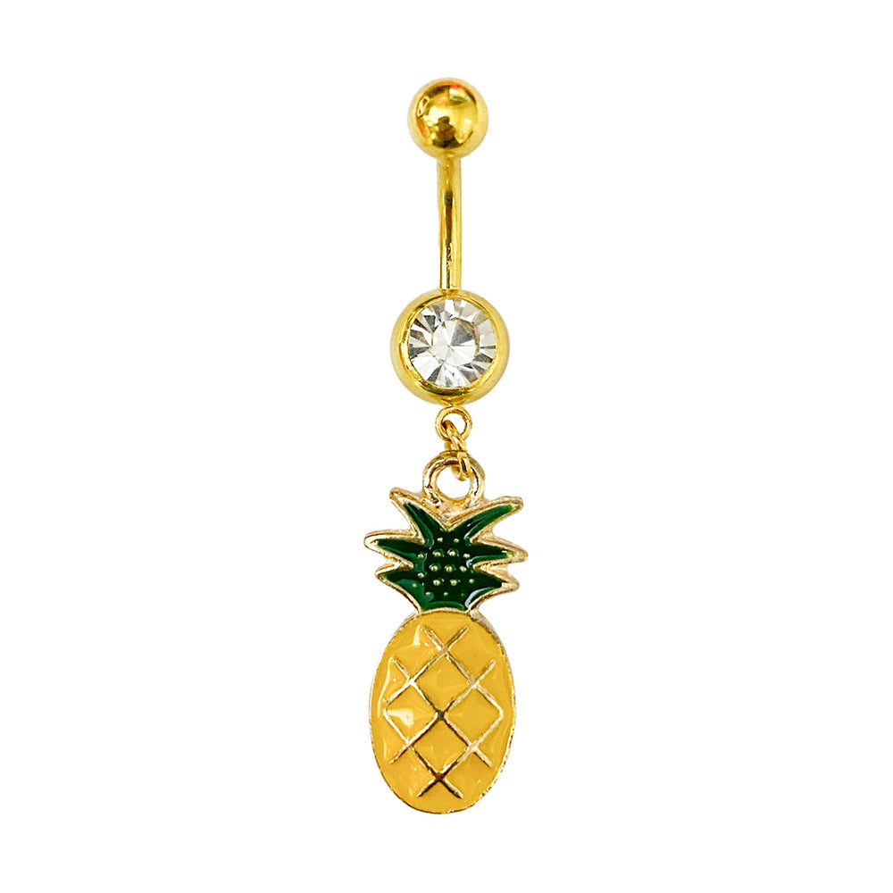 Surgical Steel 14 Gauge Belly Ring with PVD Gold Dangle Pineapple CZ