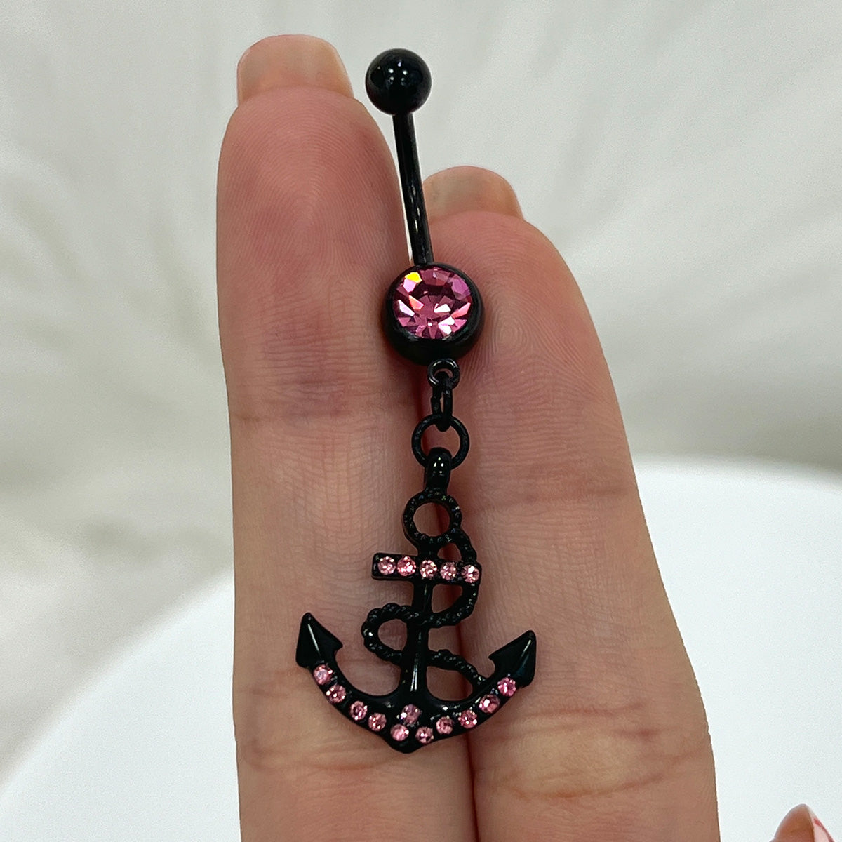 Surgical Steel 14 Gauge Belly Ring PVD Black with CZ Dangle Anchor - photo 7