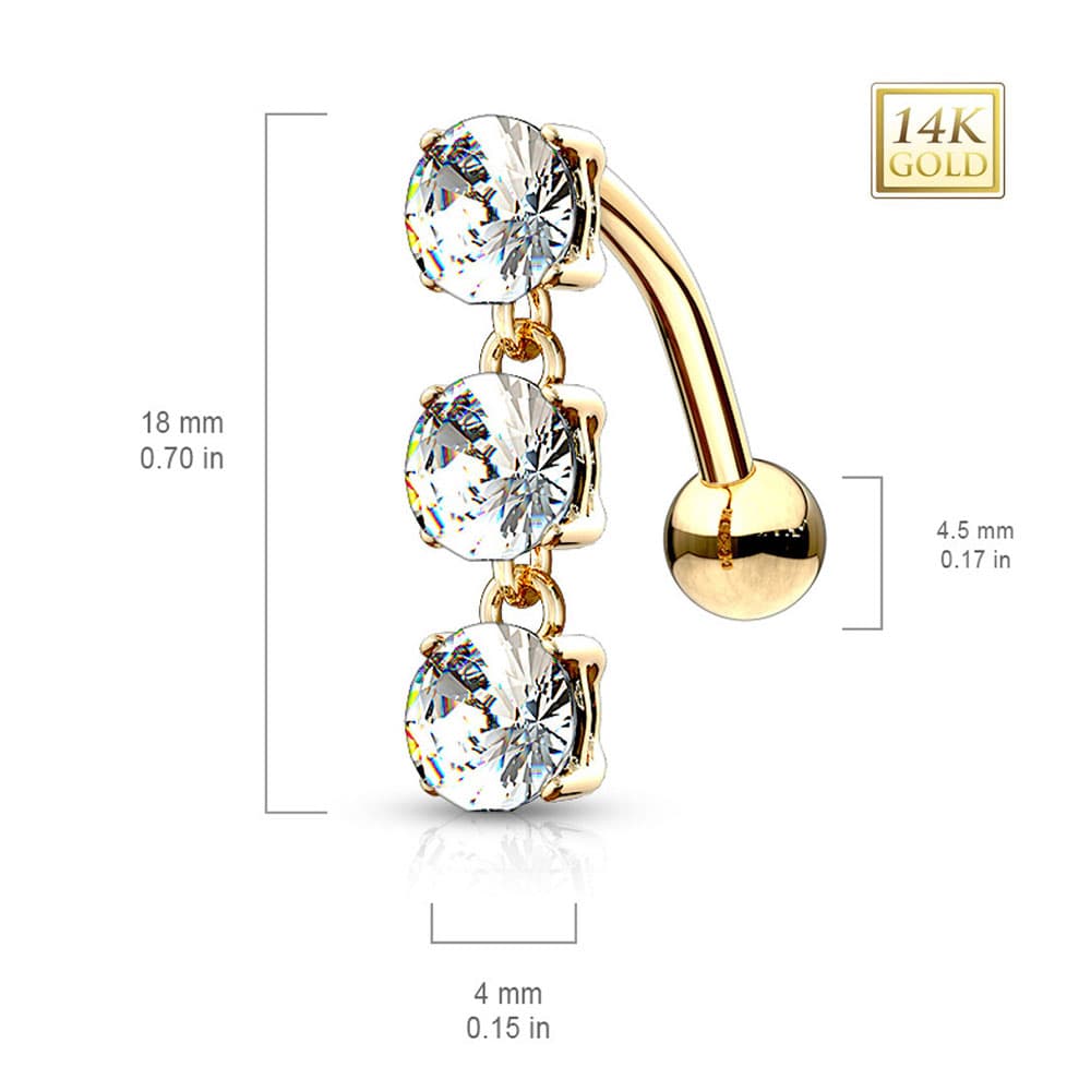 14K Solid Gold 14 Gauge Reverse Belly Ring with Triple CZ Drop - photo 2