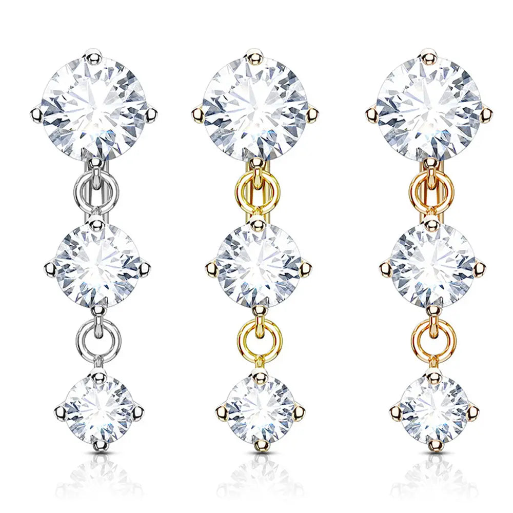 Surgical Steel 14 Gauge Reverse Belly Ring with Triple CZ Dangle