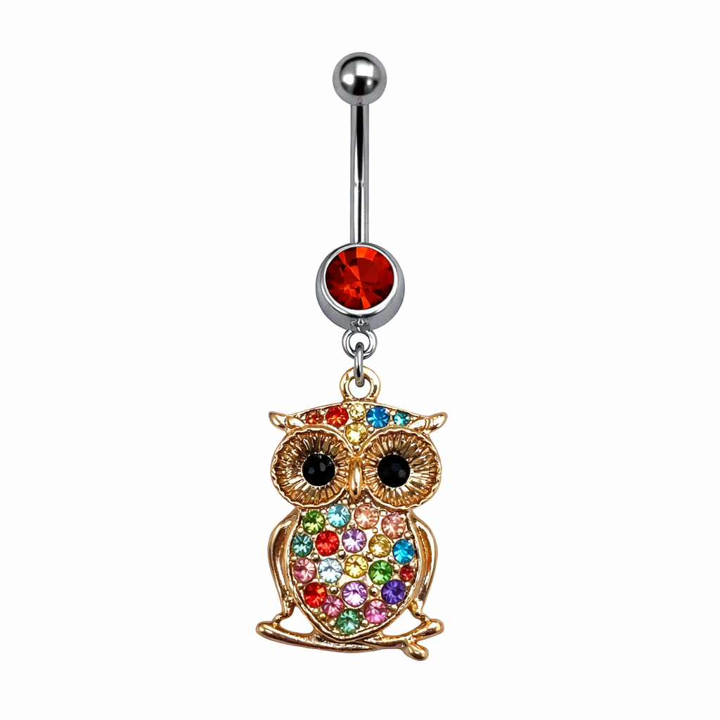 Surgical Steel 14 Gauge Belly Ring with Rose Gold Dangle Owl CZ