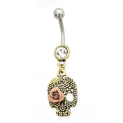 Surgical Steel 14 Gauge Belly Ring Rose Gold CZ Skull Dangle