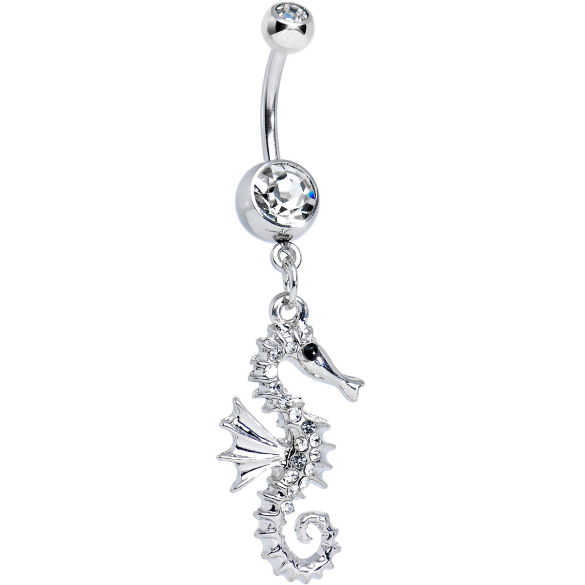 Surgical Steel 14 Gauge Belly Ring with CZ Dangle Seahorse