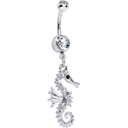 Surgical Steel 14 Gauge Belly Ring with CZ Dangle Seahorse