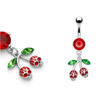 Surgical steel skull cherry dangle belly ring with red CZ
