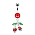 Surgical steel skull cherry dangle belly ring with red CZ