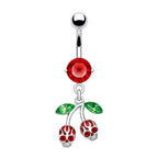 Surgical steel skull cherry dangle belly ring with red CZ