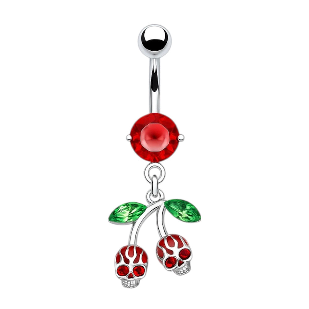 Surgical steel skull cherry dangle belly ring with red CZ