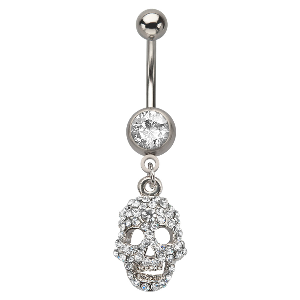 Surgical Steel 14 Gauge Belly Ring with CZ Dangle Skull Head