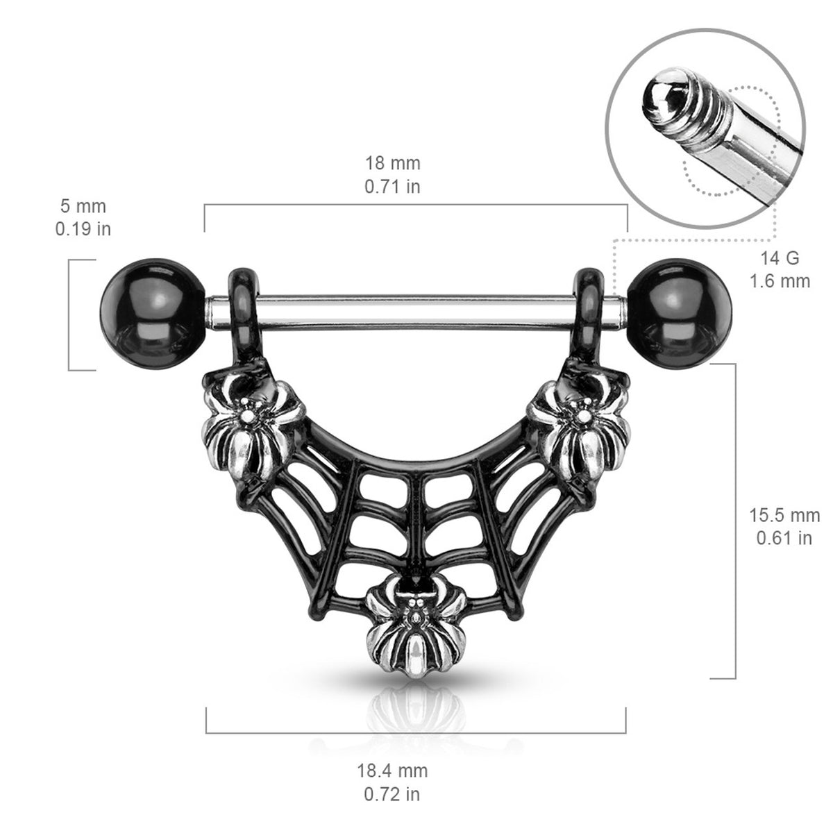 PVD Black Surgical Steel 14G Spiders on Web Dangle Nipple Barbell