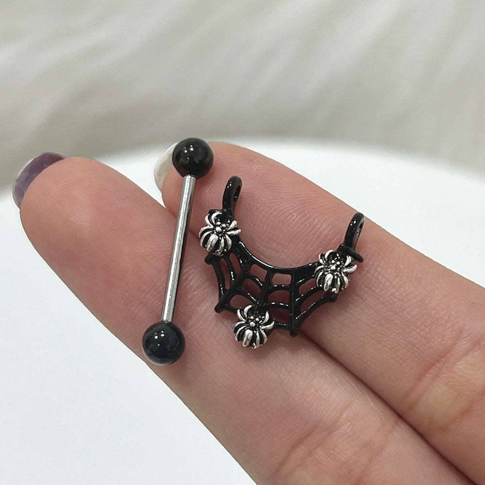 PVD Black Surgical Steel 14G Spiders on Web Dangle Nipple Barbell