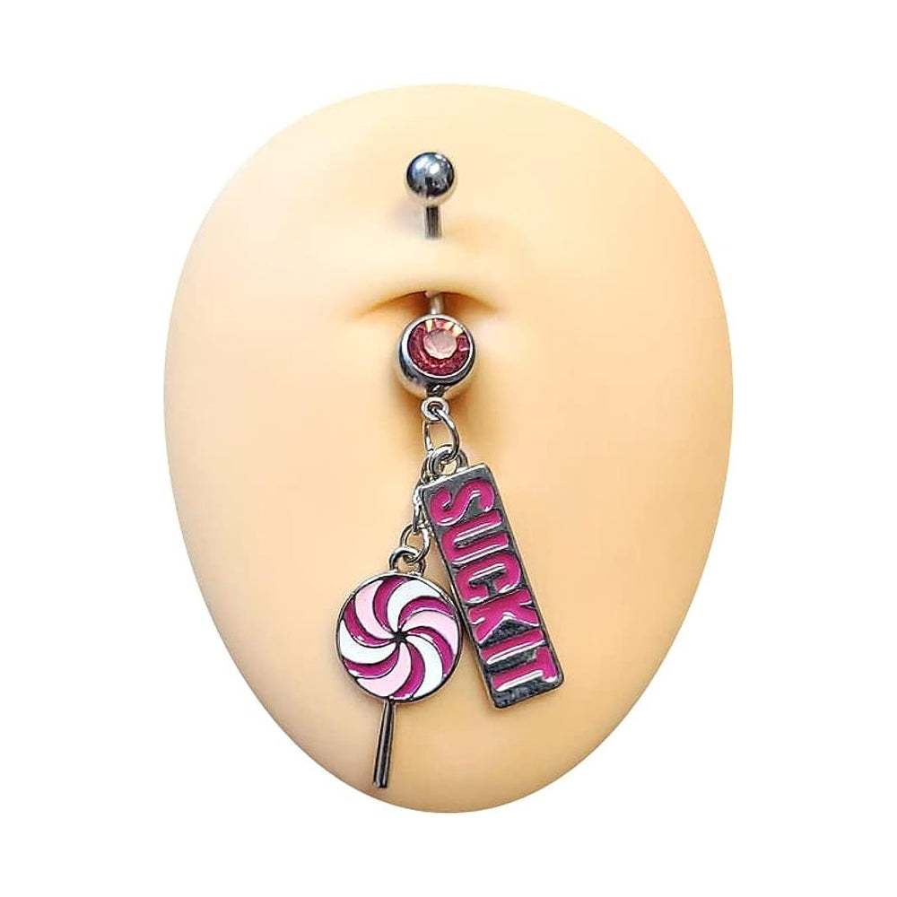 Surgical Steel 14 Gauge Belly Ring with Lollipop SUCKIT Dangle CZ - photo 2