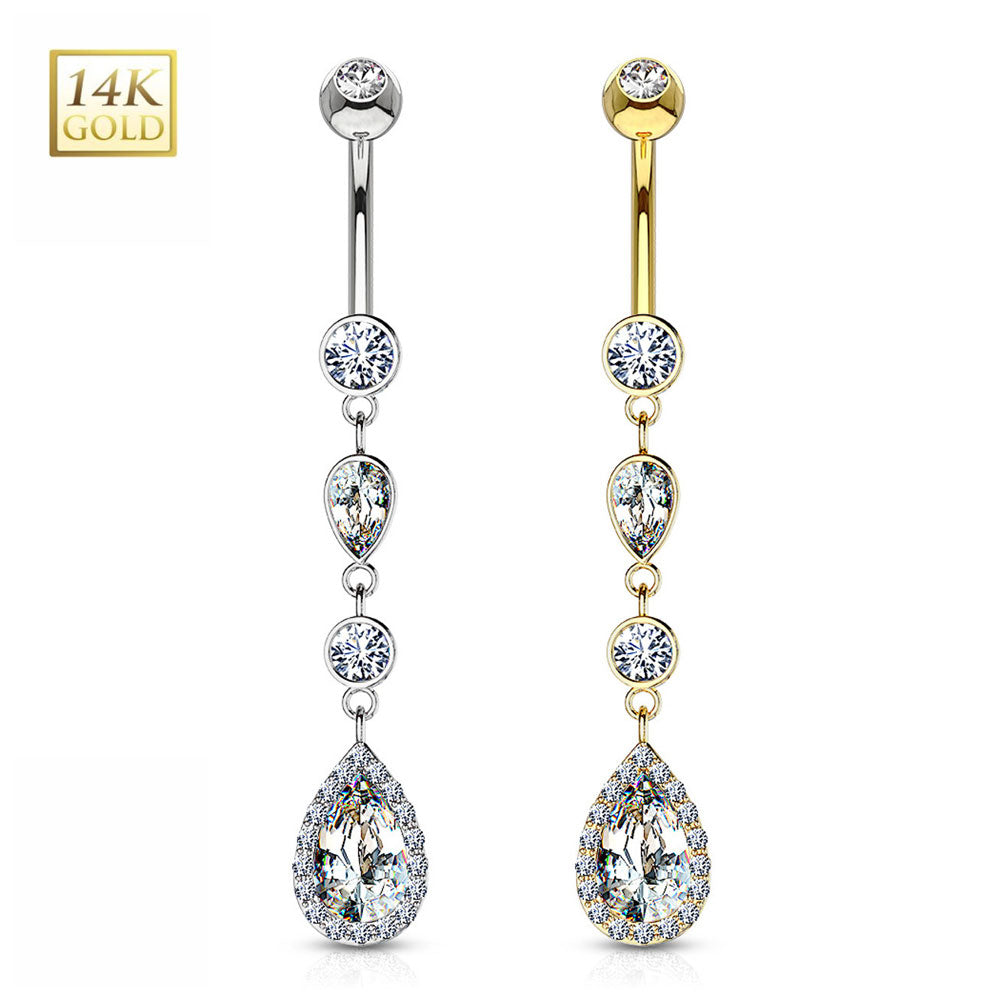 14K Solid Gold 14 Gauge Belly Ring with CZ Teardrop Dangle