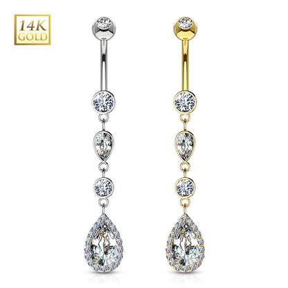 14K Solid Gold 14 Gauge Belly Ring with CZ Teardrop Dangle
