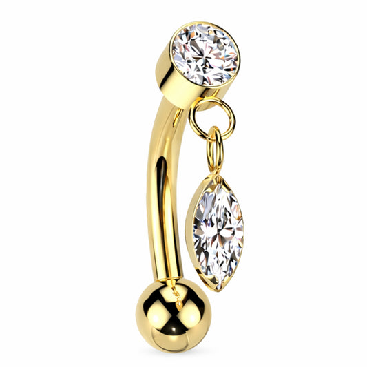 Gold titanium curved barbell with teardrop CZ dangle