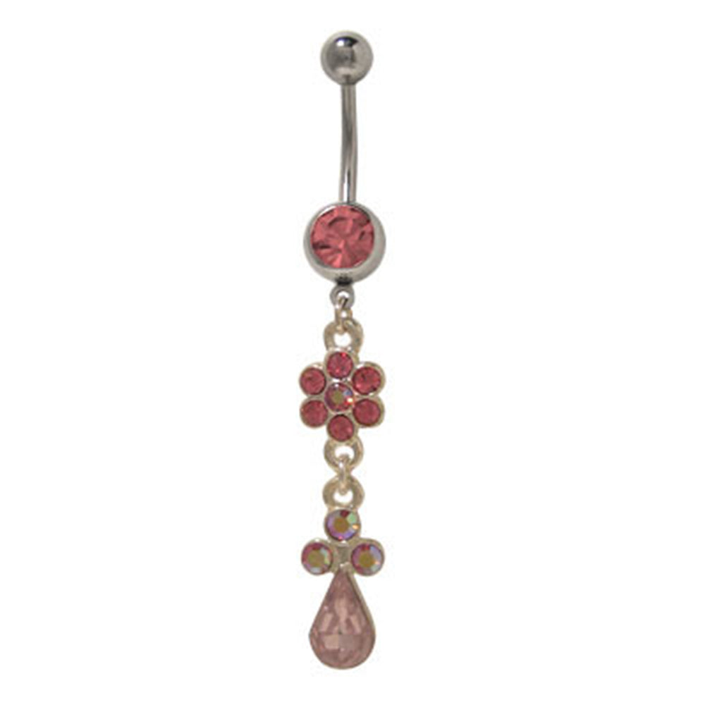Surgical Steel 14 Gauge Belly Ring with Dangle CZ Teardrop Flower