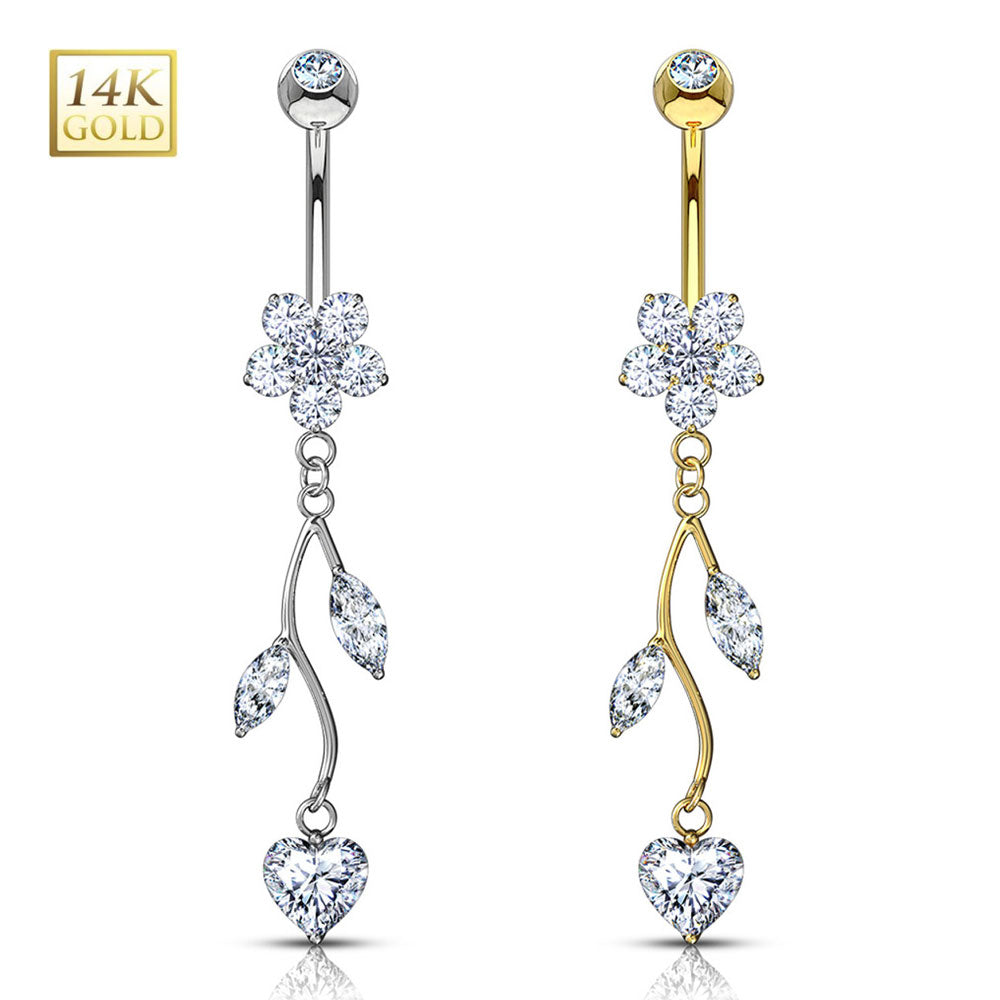 14K Solid Gold 14 Gauge Belly Ring with CZ Flower Dangle Vine