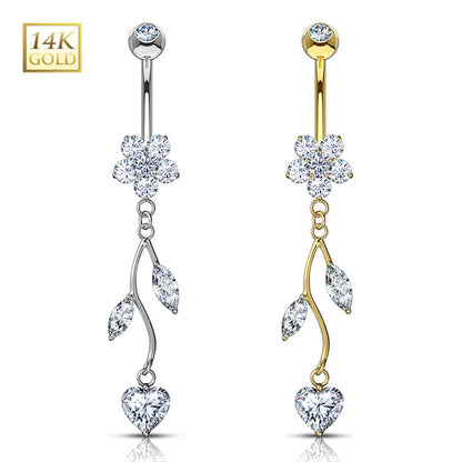 14K Solid Gold 14 Gauge Belly Ring with CZ Flower Dangle Vine