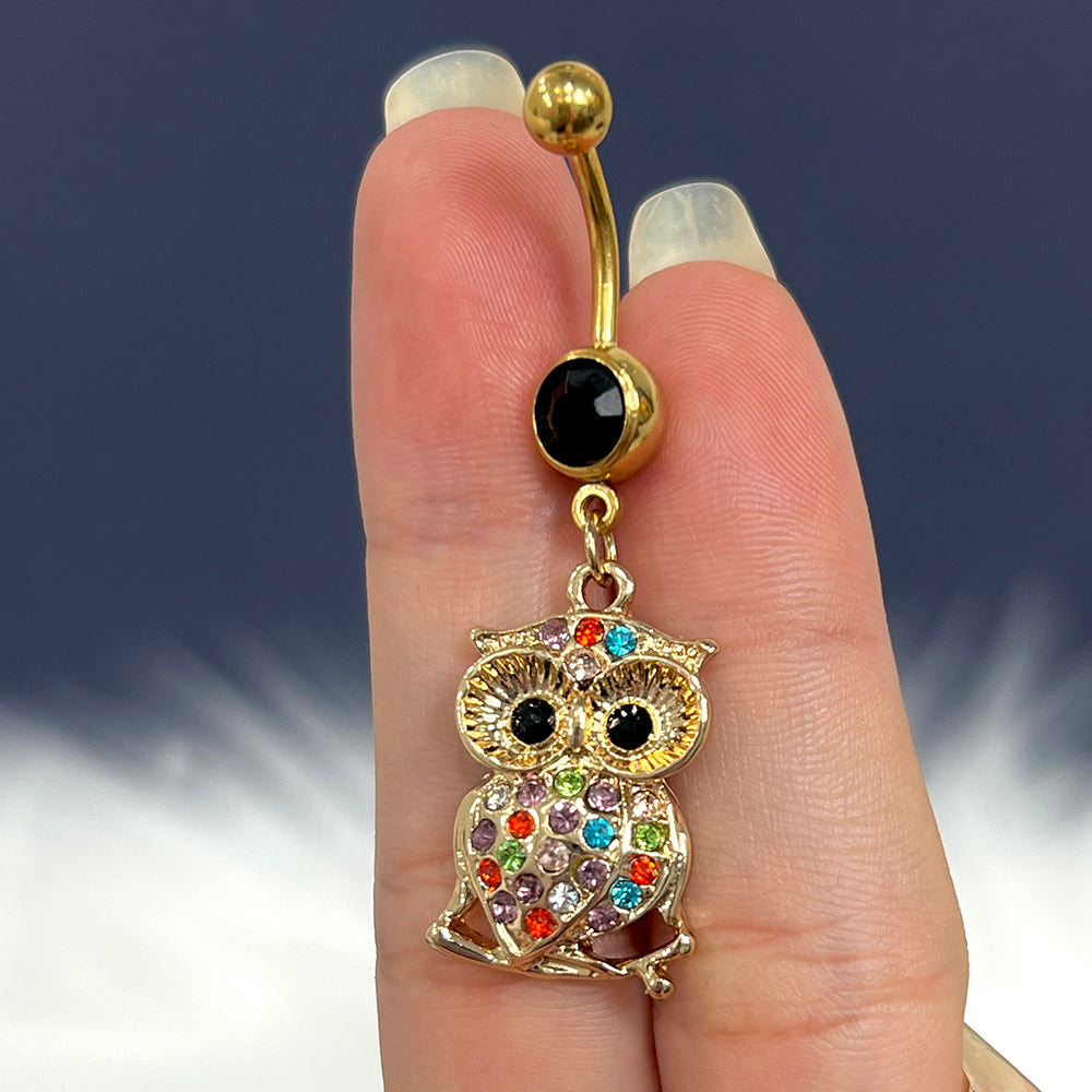 Surgical Steel Gold Belly Ring 14G 11mm with Dangle Owl & CZ - photo 4